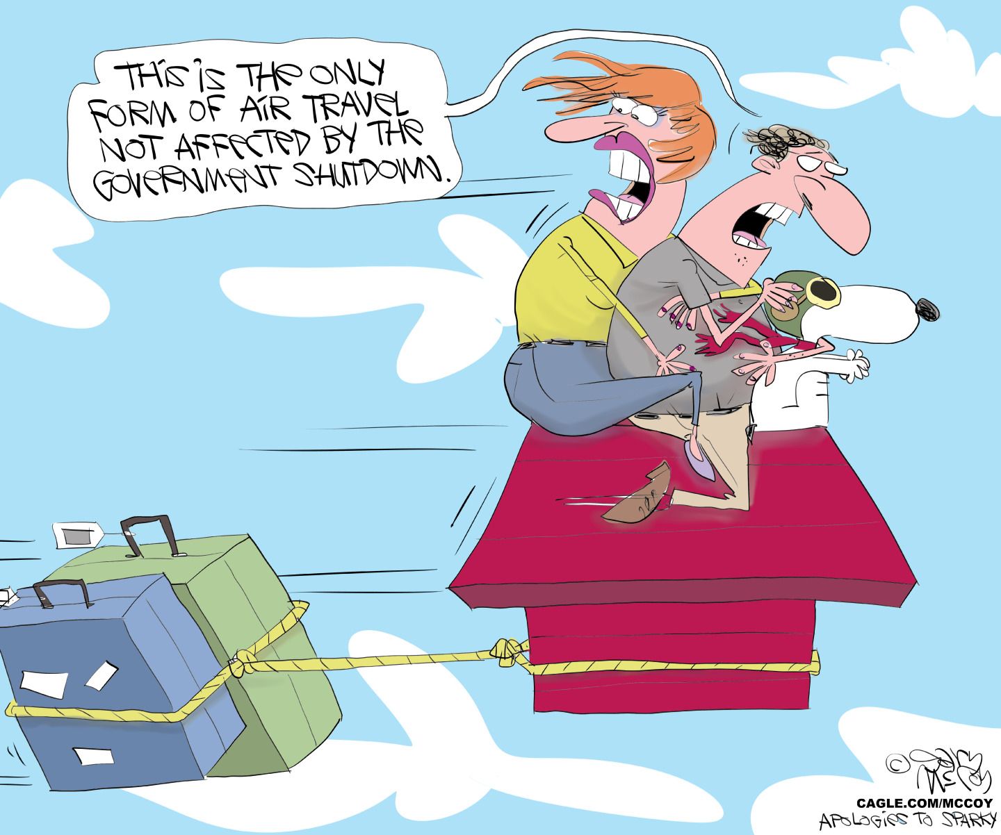 
                                This cartoon depicts a man and a woman flying with Snoopy on top of his doghouse. Snoopy wears his World War I flying ace goggles. The couple’s suitcases are attached to the doghouse by a rope. The woman says, “This is the only form of air travel not affected by the government shutdown.”
                            