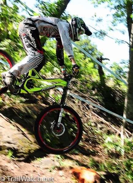 Some of the downhill World Cup courses were extremely steep. Brendon Fairclough (Monster Energy) rides one such slope in this photo.
