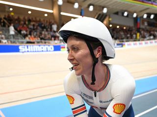 Winner Britain's Anna Morris celebrates after the Women's Individual Pursuit Race of the UCI Track Cycling World Championships in Ballerup, Denmark, on October 19, 2024. (Photo by Jonathan NACKSTRAND / AFP)