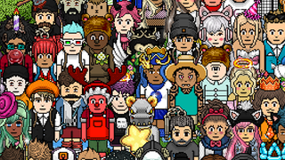 Several Habbos crowding in a myriad of colourful outfits.
