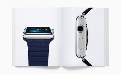 View of two pages inside the 'Designed by Apple in California' book featuring photos of the 2015 Apple Watch with a blue strap