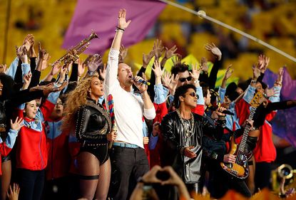 Beyonce, Chris Martin, and Bruno Mars at the Super Bowl 50 halftime show.