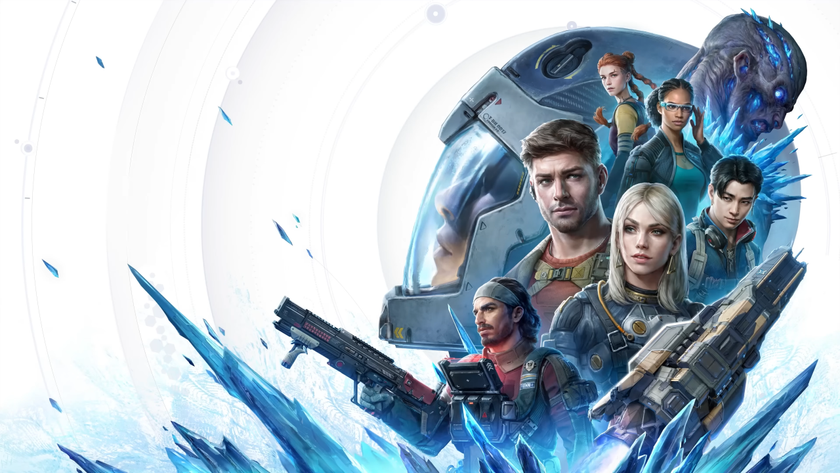 The Expanse: Osiris Reborn key art showing the game&#039;s main cast arranged on white field with blue crystals underneath.