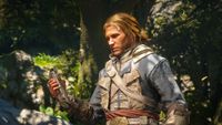 Black Flag Resynced: Edward, wearing Duncan Walpole's robes, puzzlingly looking at a hidden blade in his hand.