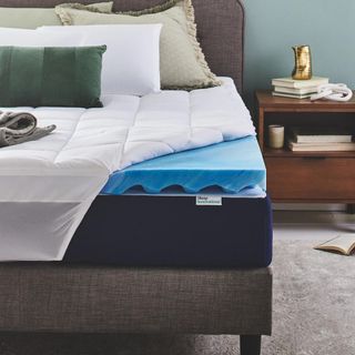 A Sleep Innovations Plush Support Dual Layer Gel Memory Foam Mattress Topper on a mattress in a modern bedroom