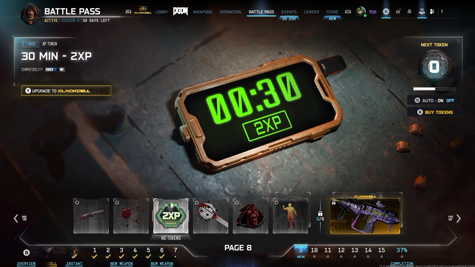 A screenshot of the Season 06 Battle Pass in Call of Duty: Black Ops 7 showing a 30 minute 2XP token reward.