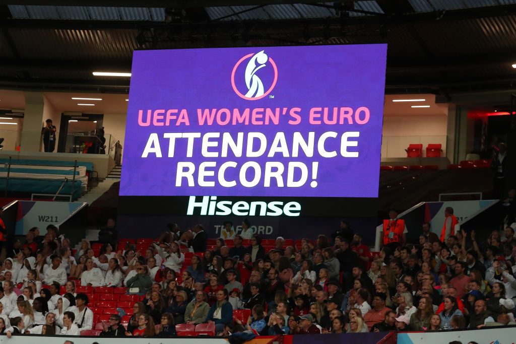 Women&#039;s Euro 2022: What is the record attendance for a Women&#039;s Euros game? The LED Scoreboard shows that the game is an attendance record with 68,871 in this stadium, a new record at a Women&#039;s European Championships during the UEFA Women&#039;s Euro England 2022 group A match between England and Austria at Old Trafford on July 6, 2022 in Manchester, United Kingdom. 