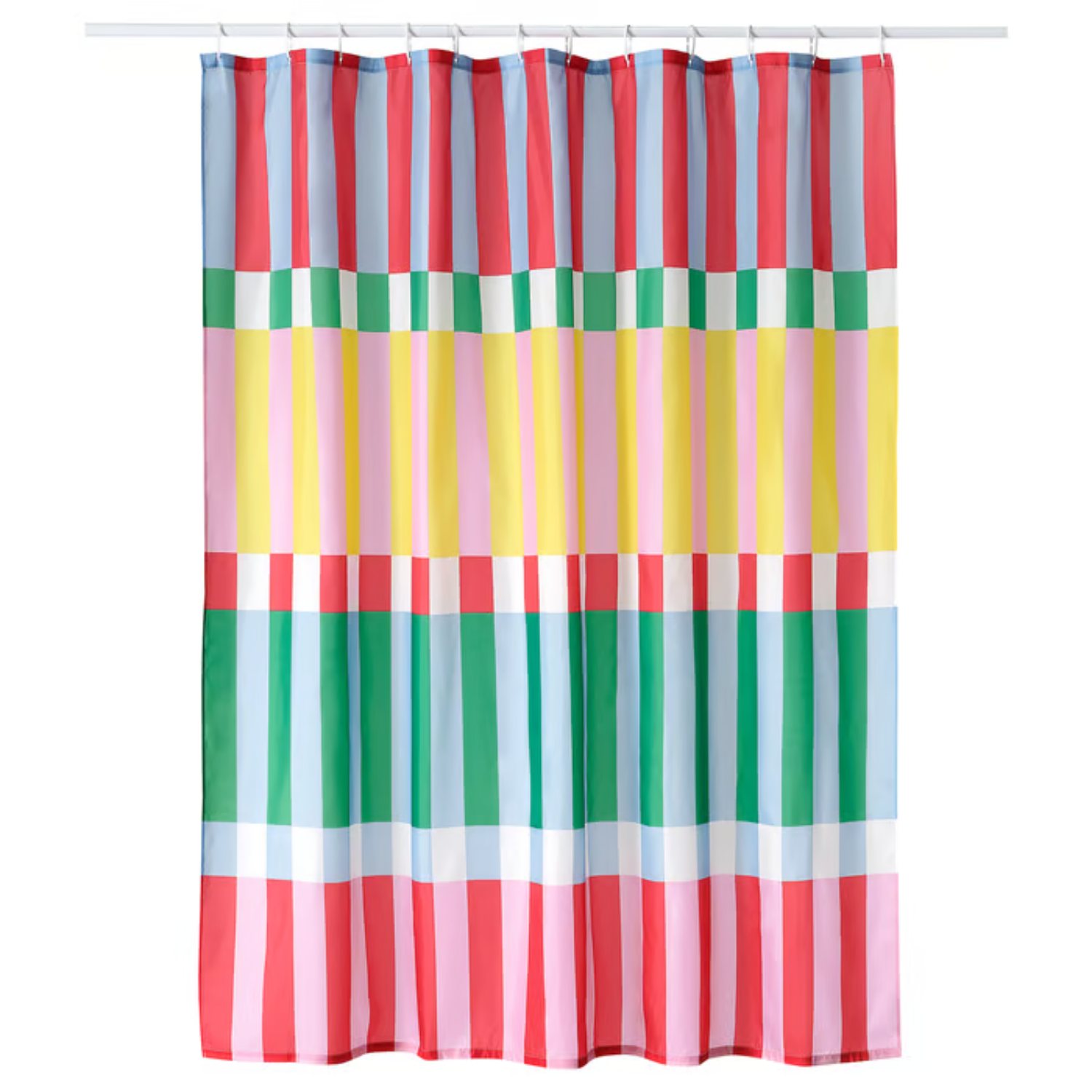 A red, blue, green, white, yellow, pink, and green panel striped shower curtain