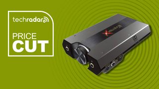 The Creative Sound Blaster G6 sound card on a green background with price cut text