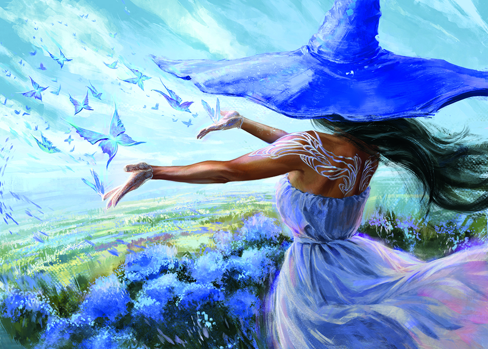 Artist portrait; a witch releases butterflies over a blue field