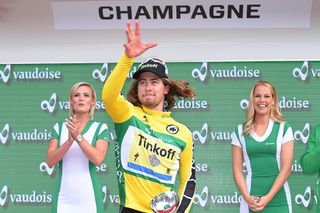 Peter Sagan lets his bouquet fly after stage 4 at Tour de Suisse.
