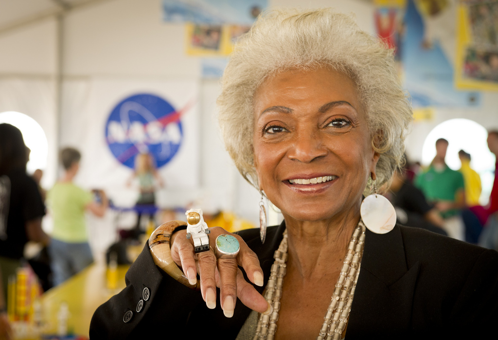 Actress Nichelle Nichols is seen at NASA&#039;s Kennedy Space Center in Cape Canaveral, Florida during a 2010 event with LEGO. The &quot;Star Trek&quot; actress, who portrayed Lt. Uhura on the TV series, reportedly suffered an apparent stroke on Wednesday (June 3).