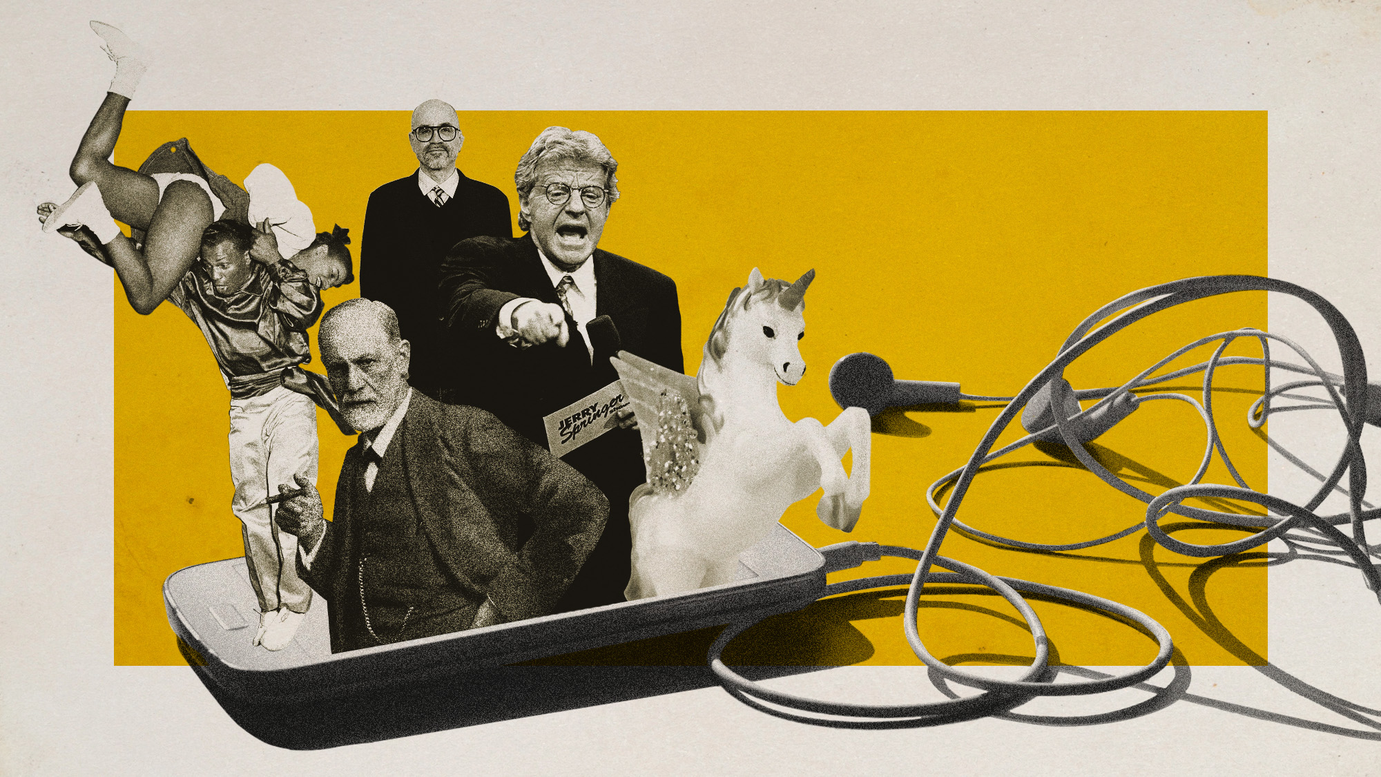 Photo collage of a Black couple dancing the jitterbug, Sigmund Freud, Jerry Springer, Jonathan Goldstein, and a toy unicorn