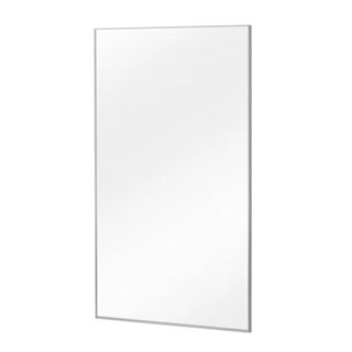 A rectangular silver metal mirror angled slightly to the right