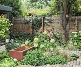 garden with brick paved areas with planted areas and curved planted borders