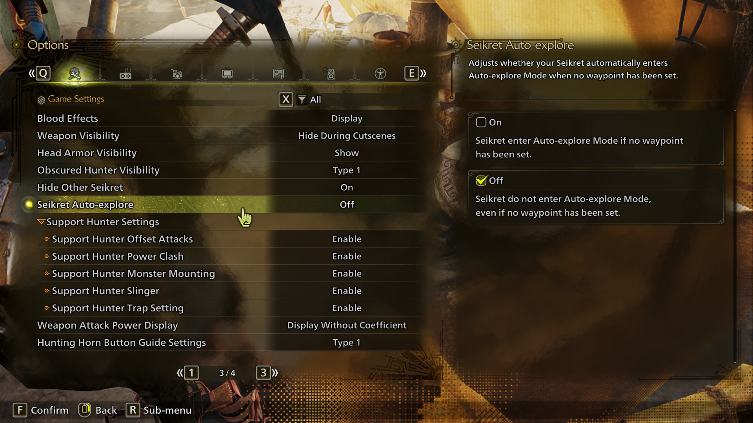 The UI for Seikret settings in Monster Hunter Wilds, here the UI for toggling Auto Explore On and Off is highlighted.