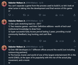 Xalavier Nelson Jr: You can't separate a game from the process used to build it, so let's look at what Larian is taking into the development and final version of this game: 1) Dev cycle stretching back to ~2017 1) Two massive games--and their Definitive editions--worth of tech and institutional knowledge to draw from 3) Super successful Early Access period lasting 3 years, providing crucial community feedback, bug hunting, and cash flow 4) Over 400 developers in 7 different offices around the world [not including outsourcing partners] 5) The license, brand, and world of one of the largest entertainment IPs in the world (D&D), at the apex of its popularity with the rise of the actual play movement, and a movie