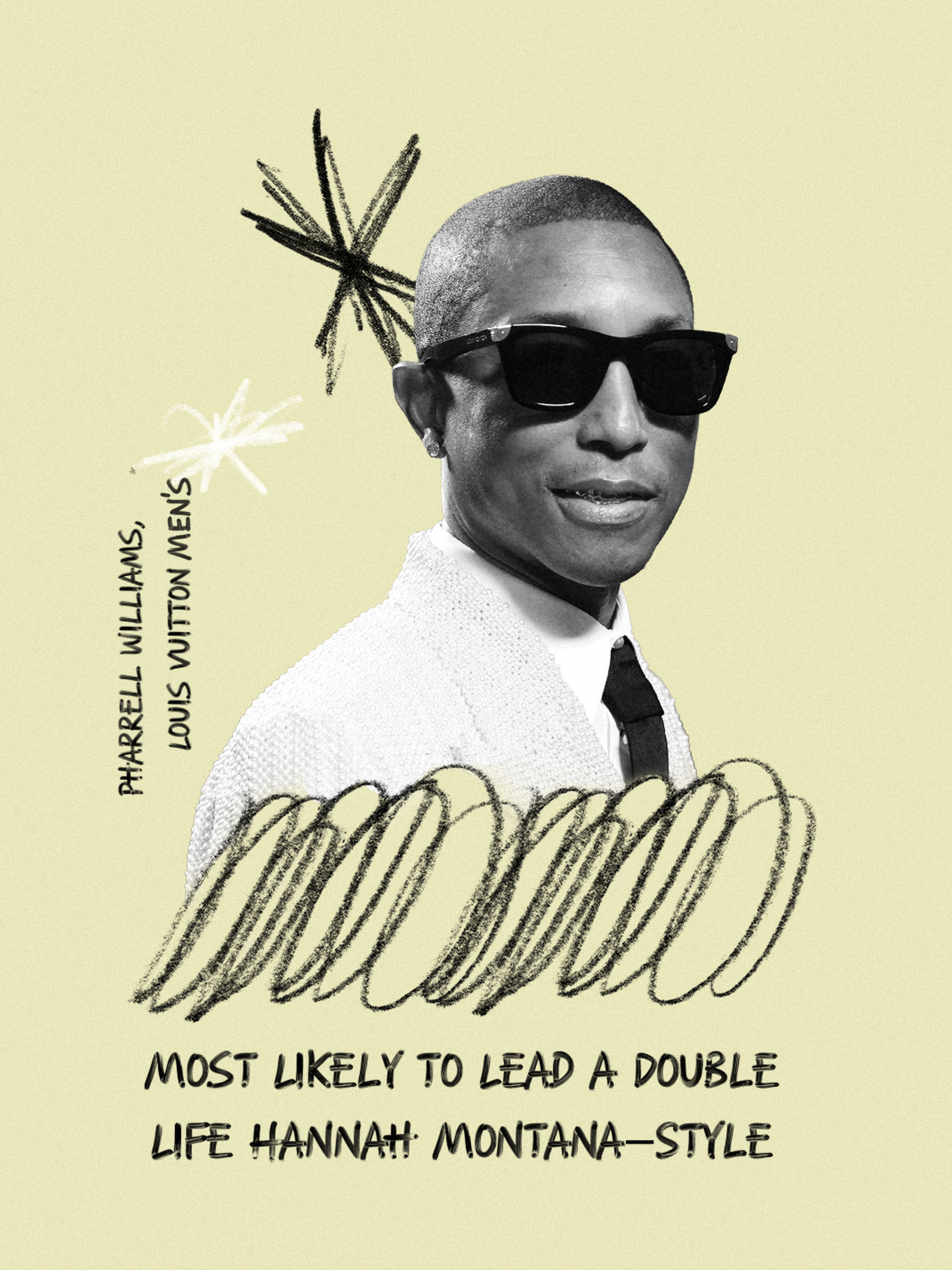 Pharrell Williams, 2025 Met Gala Co-Chair, attends the 2025 Met Gala. On the slide, it says, "Most Likely to Lead a Double Life Hannah Montana-Style."
