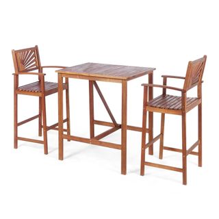 Tall wooden bistro set with sun motif on the chairs