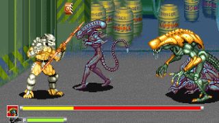 Image from the video game Alien vs. Predator (arcade). It's a side-scrolling beat 'em up. On the left is a Predator, middle is an Alien, and on the far right is another kind of Alien.