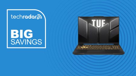 The Asus TUF F16 Gaming Laptop on a blue background with text saying Big Savings.