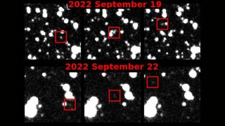 Blurry white asteroids appear in telescope images of the night sky