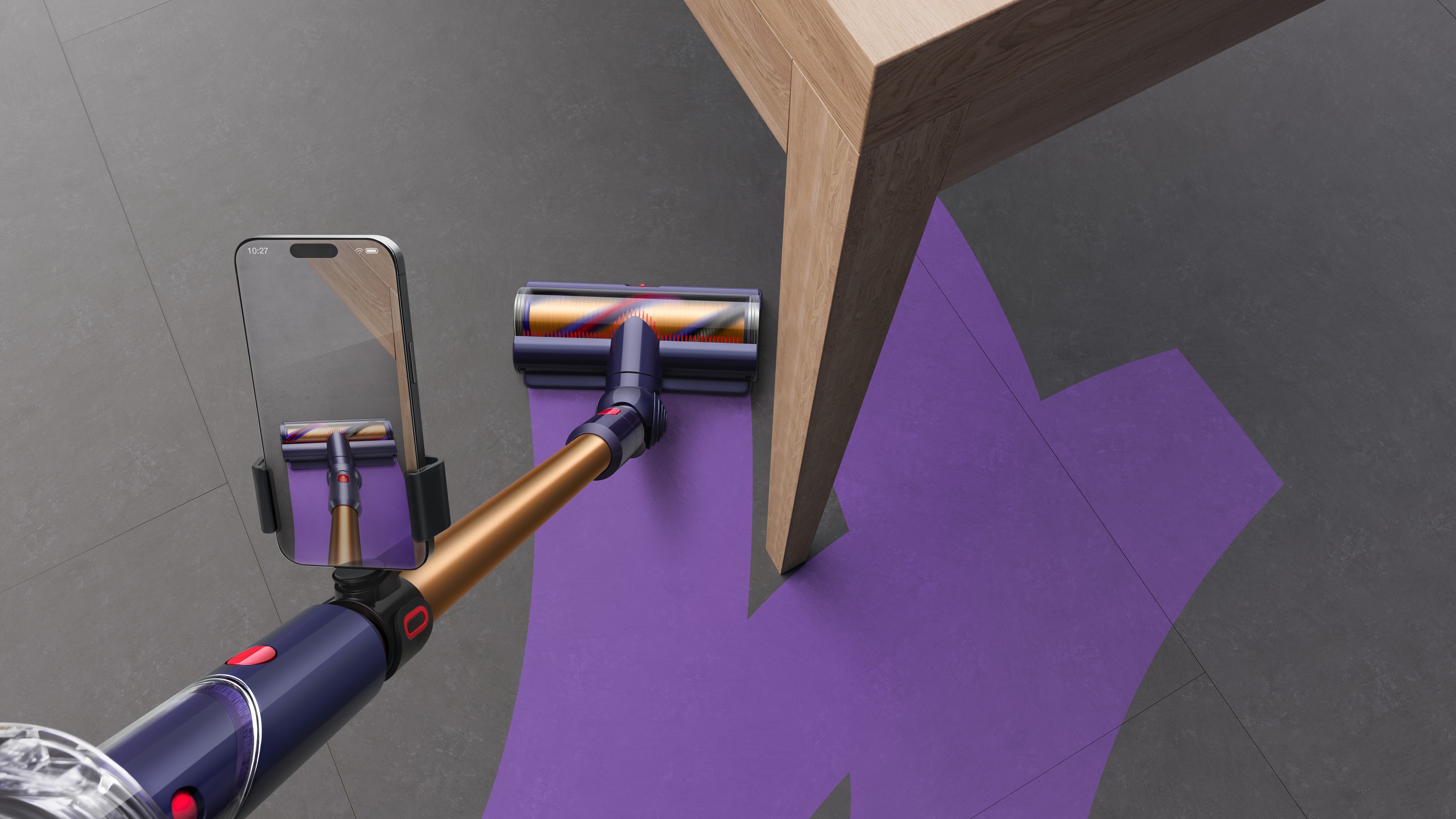 The Dyson CleanTrace AR tool showing where on the floor has and hasn't already been cleaned by a
