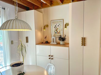 An IKEA BESTA unit with two PAX closets to make built-in wall storage and decorated with decor and houseplants