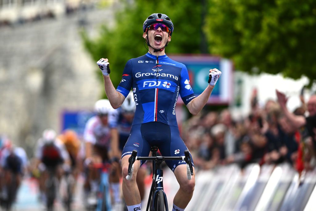 LAON FRANCE MAY 17 Romain Grgoire of France and Team GroupamaFDJ celebrates at finish line as stage winner during the the 67th 4 Jours de Dunkerque Grand Prix des Hauts de France 2023 Stage 2 a 1699km at stage from Compigne to Laon on May 17 2023 in Laon France Photo by Luc ClaessenGetty Images