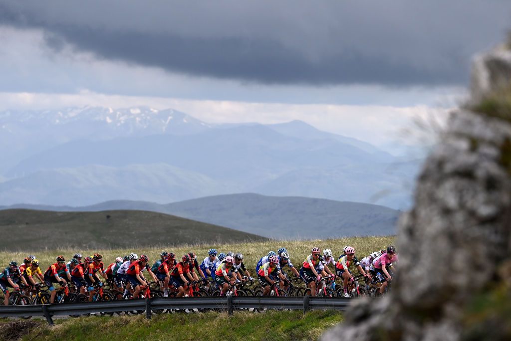 GRAN SASSO DITALIA CAMPO IMPERATORE ITALY MAY 12 A general view of the peloton climbing to the Campo Imperatore 2123m during the 106th Giro dItalia 2023 Stage 7 a 218km stage from Capua to Gran Sasso dItalia Campo Imperatore 2123m UCIWT on May 12 2023 in Gran Sasso dItalia Campo Imperatore Italy Photo by Tim de WaeleGetty Images