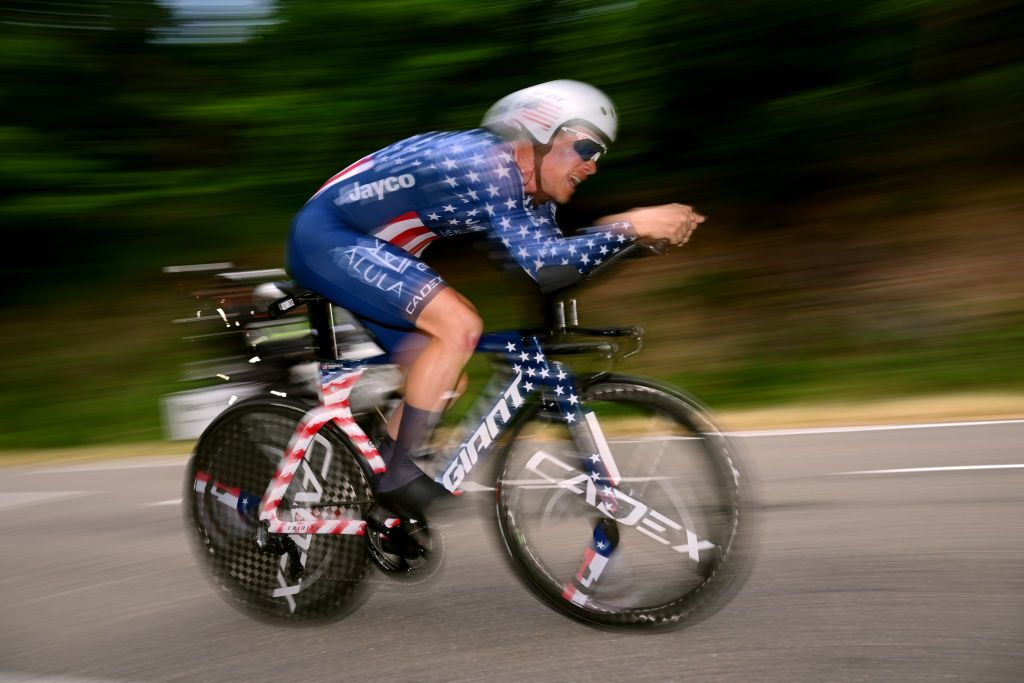 BELMONTDELALOIRE FRANCE JUNE 07 Lawson Craddock of The United States and Team Jayco AlUla sprints during the 75th Criterium du Dauphine 2023 Stage 4 individual time trial from Cours to BelmontdelaLoire 482m UCIWT on June 07 2023 in BelmontdelaLoire France Photo by Dario BelingheriGetty Images