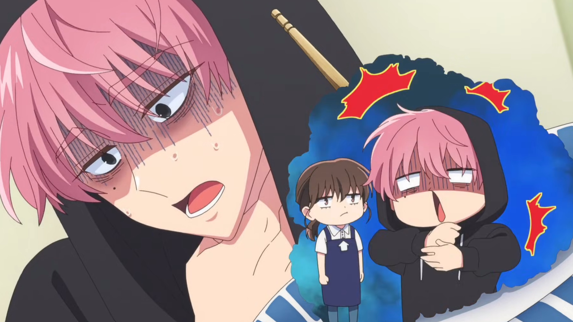 Tamon Fukuhara panicking and thinking of himself being scared while Utage Kinoshita looks at him with disappointment in an episode of Tamon's B-Side.