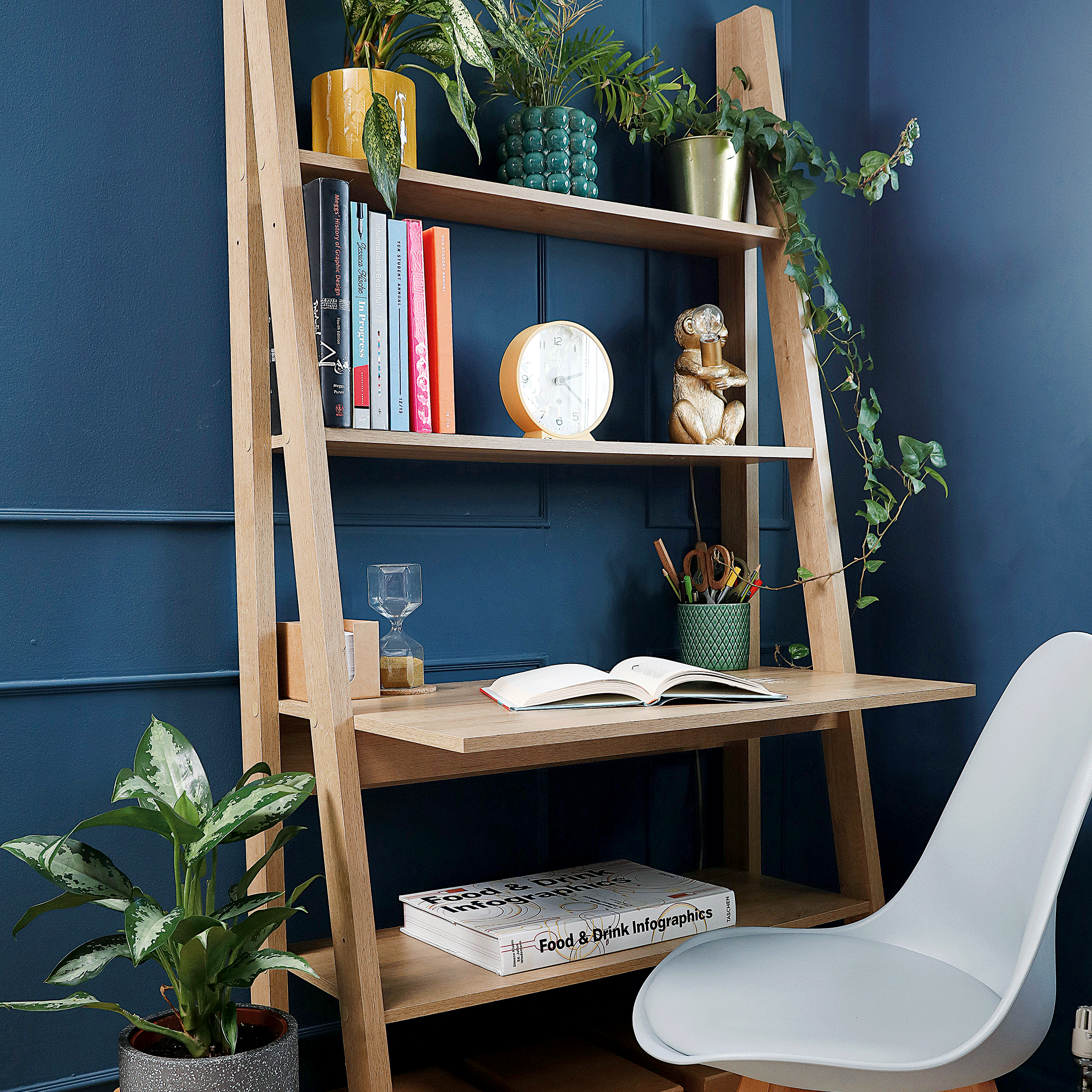 Blue walls with ladder desk