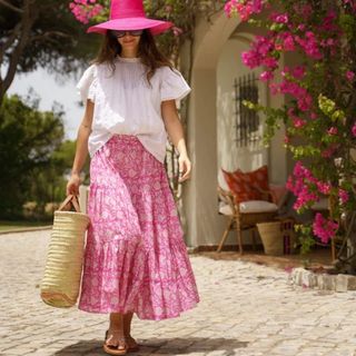 block print pink and white maxi skirt