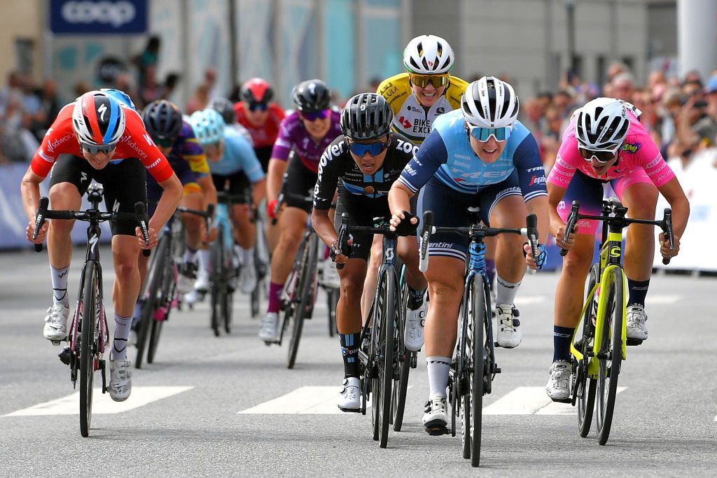 HALDEN NORWAY AUGUST 15 Chloe Hosking of Australia and Team Trek Segafredo Coryn Rivera of United States and Team DSM Women Chiara Consonni of Italy and Team Valcar Travel Service Christine Majerus of Luxembourg and Team SD Worx and Sarah Roy of Australia and Team Team BikeExchange sprints to win during the 7th Ladies Tour Of Norway 2021 Stage 4 a 1416km stage from Drbak to Halden LTourOfNorway LTON21 UCIWWT on August 15 2021 in Halden Norway Photo by Luc ClaessenGetty Images