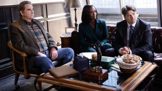 Beau Bridges as Senior, Skye P. Marshall as Olympia, and Jason Ritter as Julian sitting around a table in Matlock