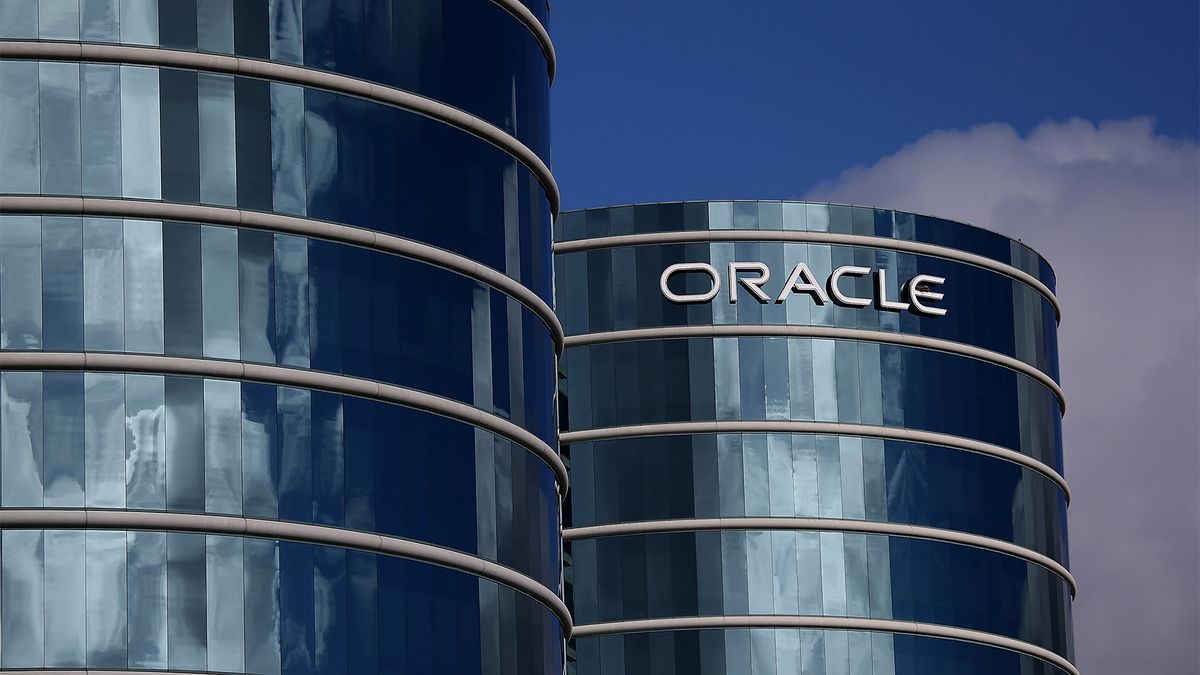 Oracle logo pictured on the front of the company headquarters in Redwood City, California.