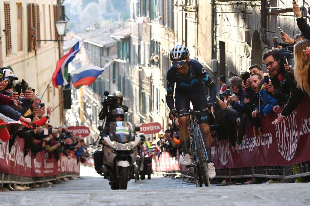 SIENA ITALY MARCH 05 Alejandro Valverde Belmonte of Spain and Movistar Team competes in the final climb during the Eroica 16th Strade Bianche 2022 Mens Elite a 184km one day race from Siena to Siena Piazza del Campo 321m StradeBianche WorldTour on March 05 2022 in Siena Italy Photo by Luc ClaessenGetty Images