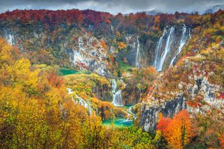 Stunning autumnal view of the waterfalls in Plitvice National Park, Croatia