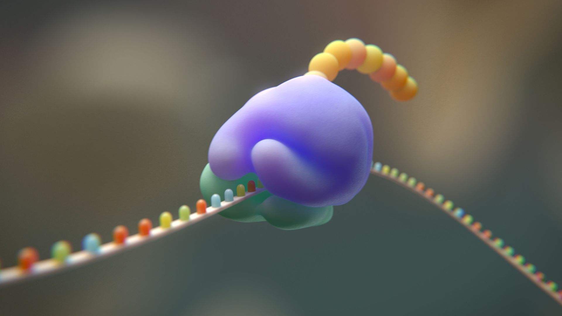 A purple molecule sits on a chain of colorful dots.
