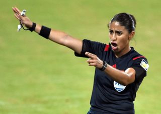 FIFA Referee Christina Unkel in action during the FIFA Girls Summer Olympic Football Tournament Preliminary Round Group A match between Venezuela and Slovakia at Wutaishan Stadium on August 17, 2014 in Nanjing, China. (Photo by Stanley Chou - FIFA/FIFA via Getty Images)