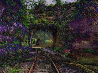 An AI-generated image of train tracks entering a tunnel.