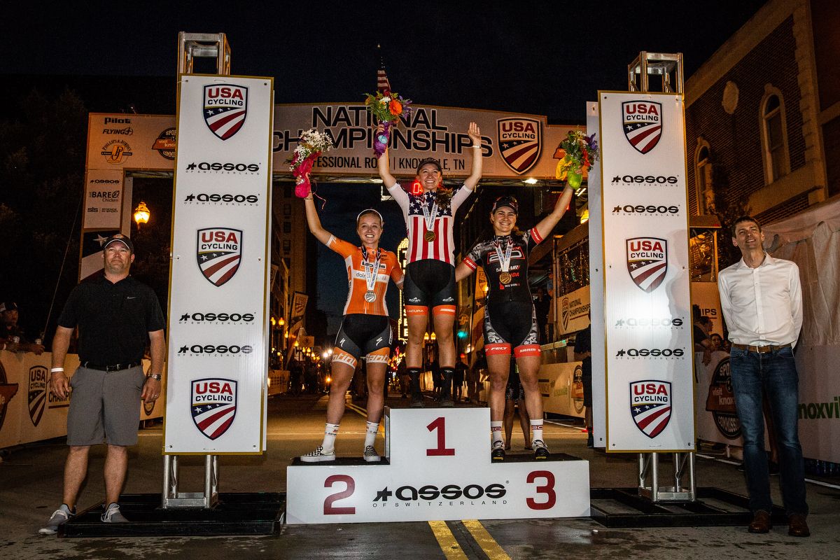 Skyalr Schneider, Emma white and Daniel Morseheadon the U23 podium at the US Pro Criterium