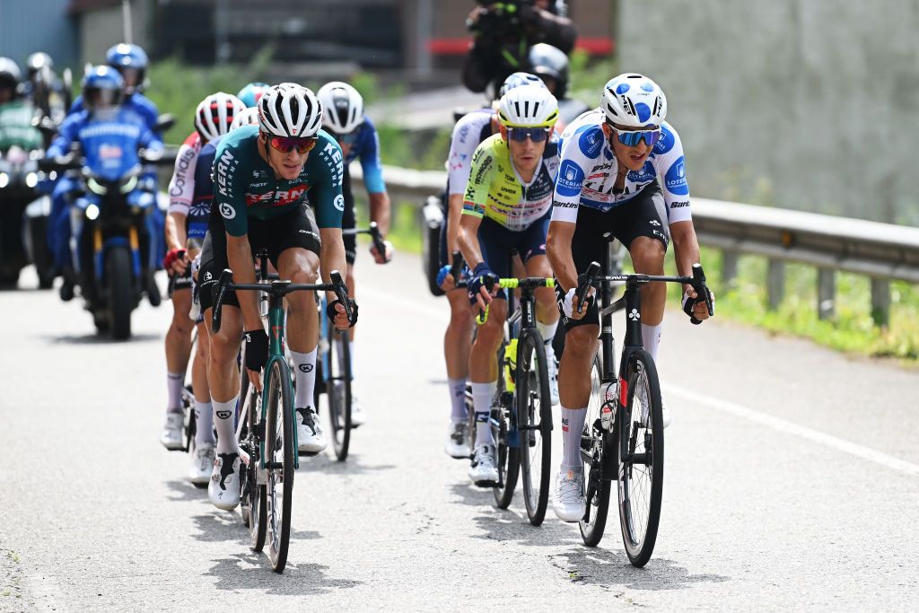 PAJARES SPAIN SEPTEMBER 01 LR Pablo Castrillo of Spain and Team Equipo Kern Pharma and Marc Soler of Spain and UAE Team Emirates Polka Dot Mountain Jersey compete in the breakaway during the La Vuelta 79th Tour of Spain 2024 Day 15 a 143km stage from Infiesto to ValgrandePajares Cuitu Negru 1835m UCIWT on September 01 2024 in Pajares Spain Photo by Dario BelingheriGetty Images