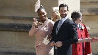 Meghan Markle's friend, US tennis player Serena Williams (L) and her husband US entrepreneur Alexis Ohanian (R) arrive for the wedding ceremony of Britain's Prince Harry and US actress Meghan Markle at St George's Chapel, Windsor Castle on May 19, 2018 in Windsor, England.