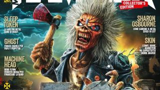 Iron Maiden mascot Eddie surrounded by magazine text