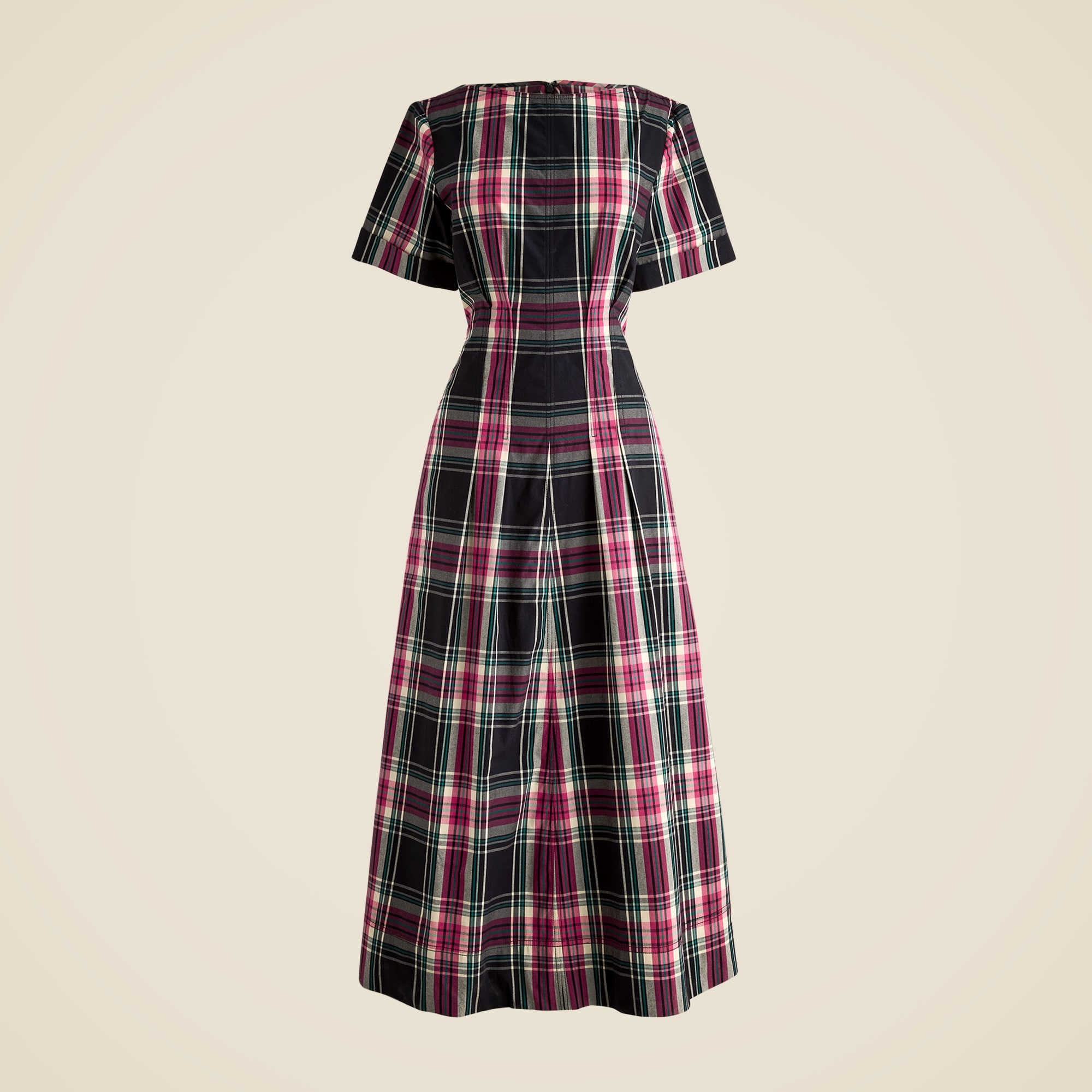 Short-Sleeve Midi Dress in Tartan Cotton Blend