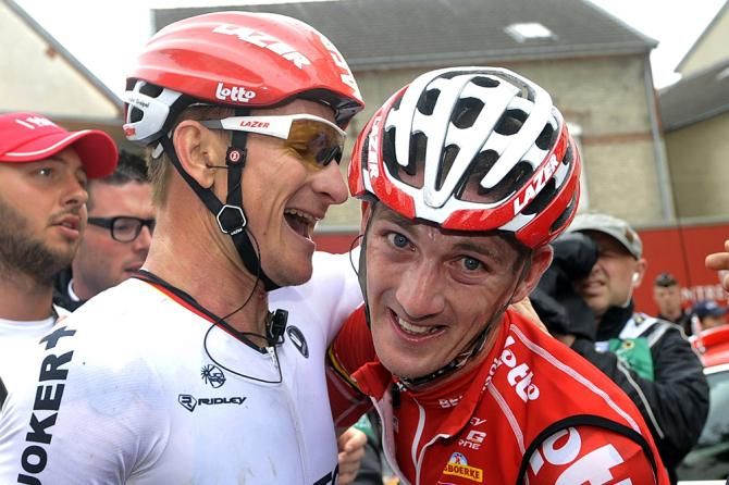Andr&eacute; Greipel (Lotto Belisol) celebrates with teammate Jurgen Van Den Broeck