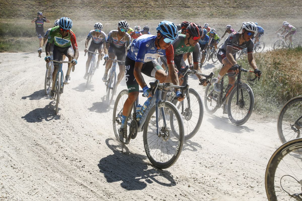 Lorenzo Fortunato (Eolo-Kometa) fights for overall victory at the Adriatica Ionica race on the dirt roads of Italy