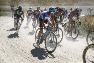 Lorenzo Fortunato (Eolo-Kometa) fights for overall victory at the Adriatica Ionica race on the dirt roads of Italy